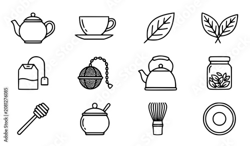 Foto Tea time essentials vector icon set with simple bold line art classic complete t