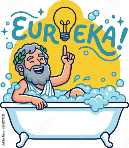 Fotografie Archimedes Cartoon Character Pointing to Light Bulb Idea in Foam Bathtub with Eu