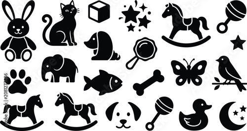 Fotografi Set of black solid baby toys and cute animals icons for childhood decoration elements