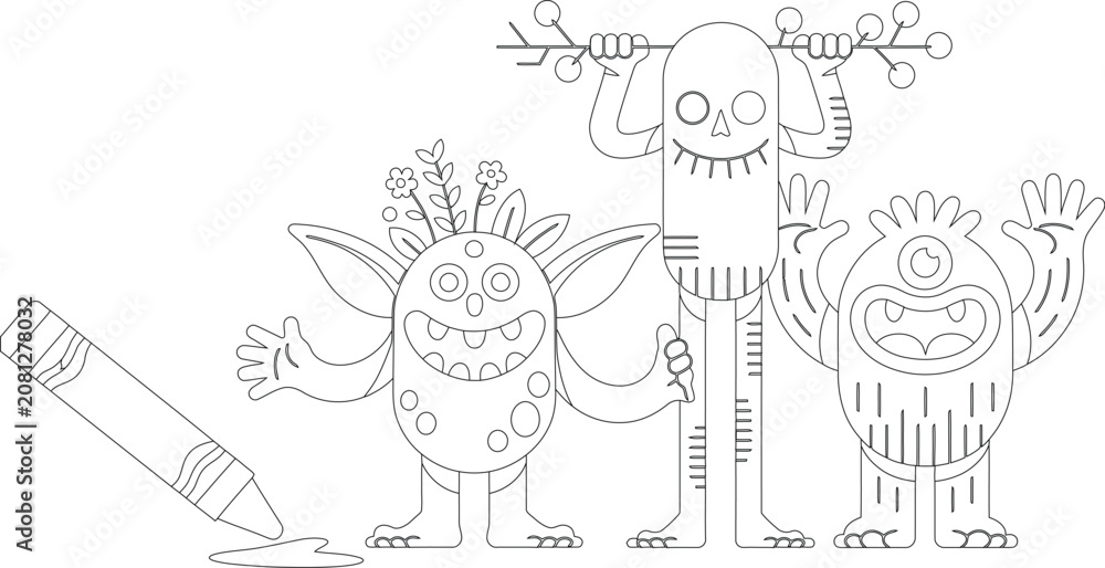 Fototapeta premium Three charming outlined monsters standing near a large crayon for coloring fun