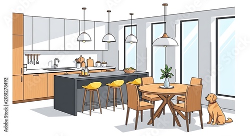 Modern office interior with wooden furniture and plants.