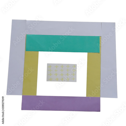 Colorful 3d isometric icon of a simple wooden house with roof and door with torn paper and crafted card design