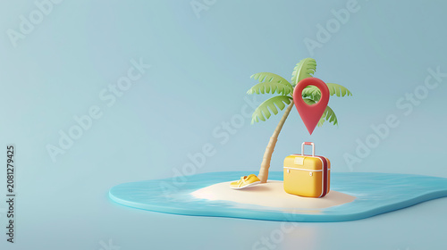 Isometric 3D miniature island landscape with palm tree and luggage model with water copy space for tropical beach resort marketing summer cruise ad and 3D game interface