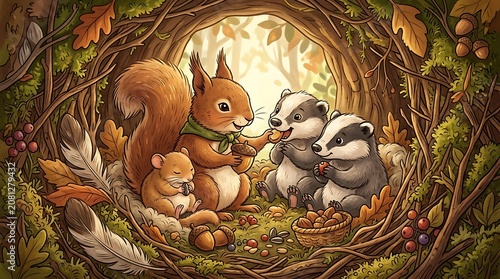 Mother bear and cubs in natural den environment.