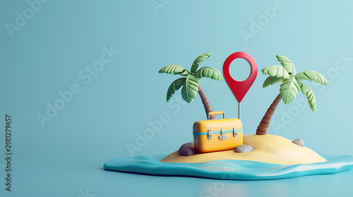 Exquisite isometric 3D claymorphism twin palm tree sandy beach island and yellow luggage with blue water copy space for summer honeymoon poster travel app and outdoor brand visual
