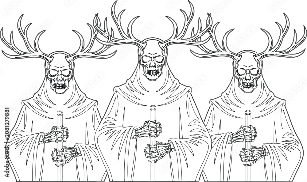 Naklejka premium Three identical skeletal reapers with deer antlers and hooded robes holding staff weapons