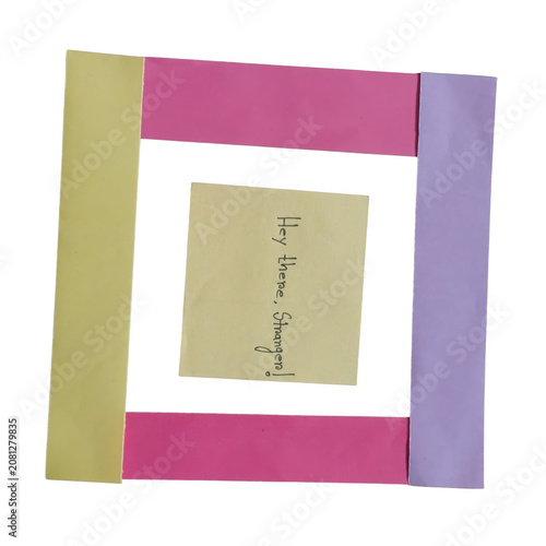 Colorful abstract box with white door and red floor with torn paper and crafted card design