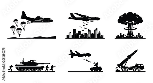 Canvastavla Military Warfare Silhouettes Flat Vector Illustration On White Background