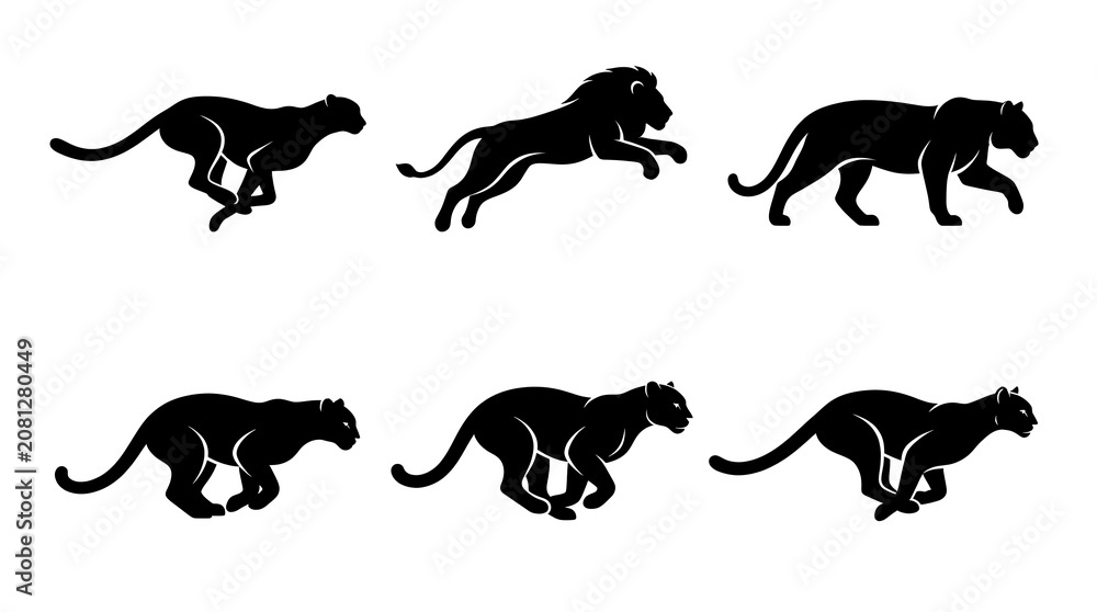 Fototapeta premium Black Silhouette Vector Illustrations Featuring Various Big Cat Poses Including Running Leaping and Walking Wild Predators