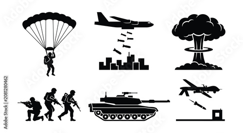 Quadro su tela Military Warfare Silhouettes Flat Vector Illustration On White Background