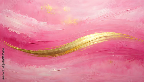 Abstract pink oil painting with textured gold brushstroke wave