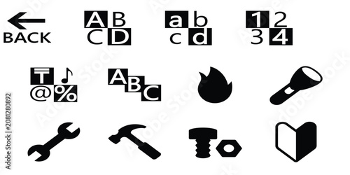 Black icons set, symbols and signs, alphabet letters, numbers, tools and objects