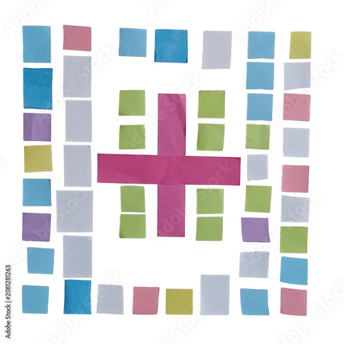 Colorful abstract mosaic pattern with geometric shapes in pink blue and purple