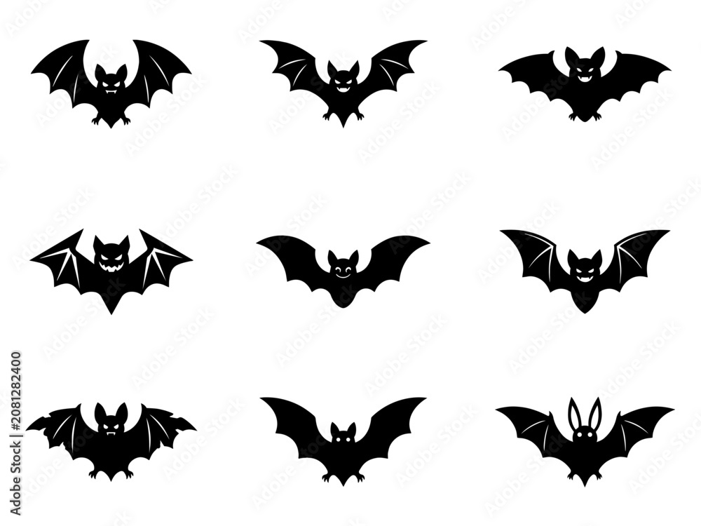 Fototapeta premium Halloween Bat Icons Set - Black Bat Silhouette Vector Collection, Flying Bat Clipart Bundle for Spooky Halloween Design