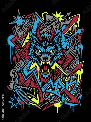 Fierce wolf head with colorful graffiti and broken chains