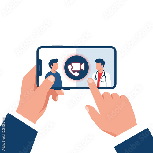 Hands holding a smartphone for an online medical consultation