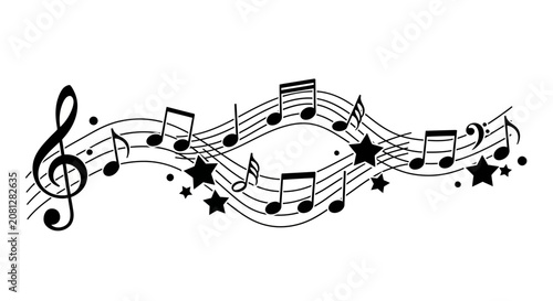 Wavy Music Staff with Treble Clef and Notes with Stars Illustration