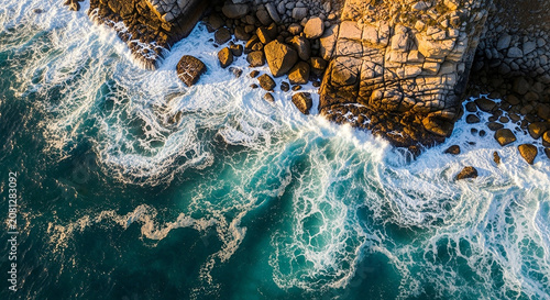 Ocean waves crashing against orange rocks on the beach at high tide