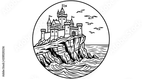Tableau sur toile Medieval castle on a cliff overlooking the sea, illustration