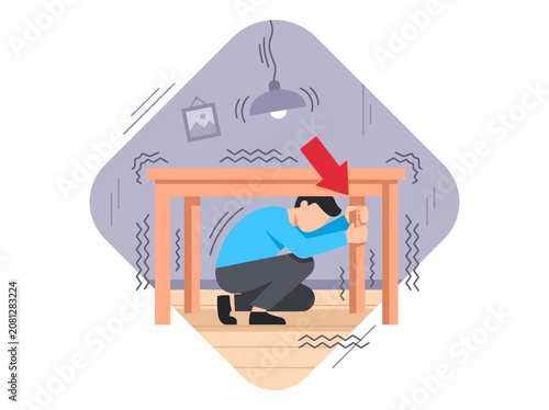 Earthquake Safety Illustration: Person Taking Shelter Under Table for Disaster Preparedness