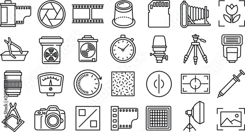 Konstfotografi Set of black linear analog photography and darkroom studio equipment icons on white background