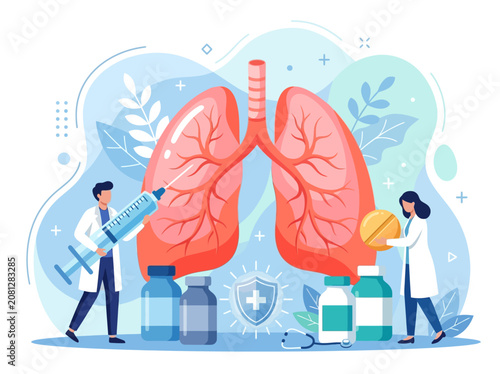 Medical Illustration of Doctors Treating Human Lungs with Syringe and Medicine