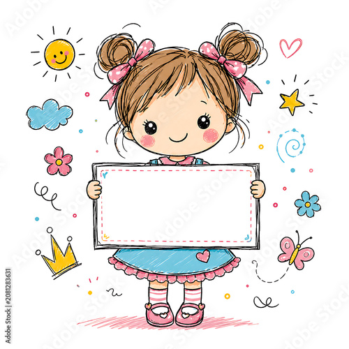 Cute cartoon girl holding blank white sign for copy space with illustration