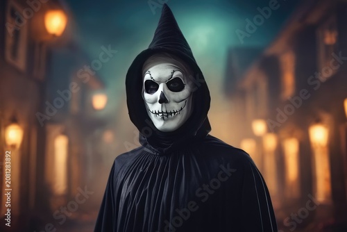 people in scary costumes, pumpkin, skeletons, night,holiday, halloween, free space for text