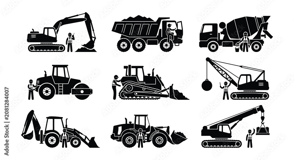Obraz premium Construction Equipment Silhouettes Flat Vector Illustration On White Background