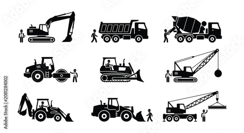 Foto Construction Equipment Silhouettes Flat Vector Illustration On White Background