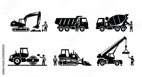 Foto Construction Equipment Silhouettes Flat Vector Illustration On White Background