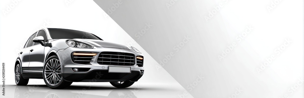 Naklejka premium Modern silver car on a white background with diagonal shape for advertising