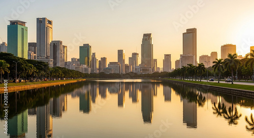 Modern city skyline with skyscrapers reflecting in a calm river at sunset