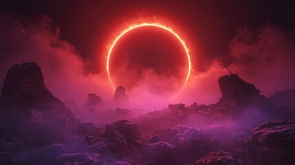 Crédence de cuisine Bordeaux Glowing red solar eclipse over a dark mysterious rocky mountain landscape  © Hasan
