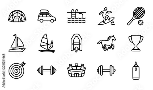 Modern Editable Monoline Recreation Transport and Fitness Outline Icons Collection Vector Set