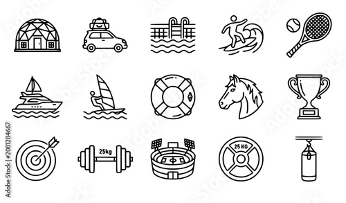 Editable Thin Line Travel Sports Fitness and Achievement Outline Vector Icon Set Isolated on White Background