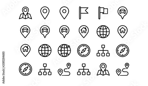 Editable Thin Line Navigation Location and Map Pointer Outline Vector Icon Set Isolated on White Background