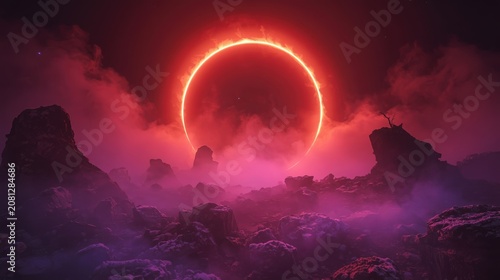 Glowing red solar eclipse over a dark mysterious rocky mountain landscape
