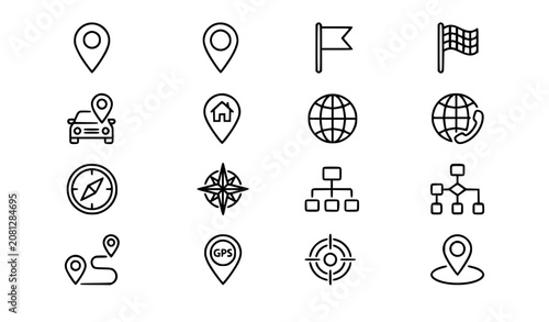 Premium Editable Stroke Navigation Map Globe and Location Thin Line Vector Icon Pack