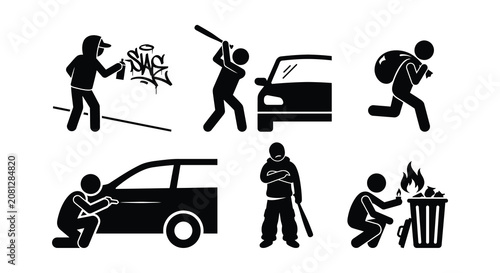 Vandalism Scenes Black Silhouette Vector Illustrations On White Background