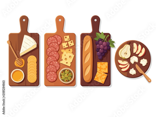 Foto Flat Illustration of Assorted Charcuterie Boards with Cheese, Salami, Grapes, an