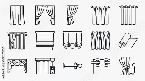 Modern Black and White Line Drawing Icons of Various Curtains Blinds and Window Treatments with Hardware