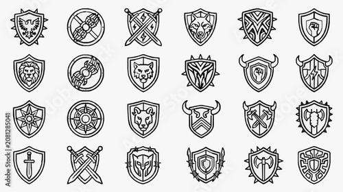 Creative Black and White Line Art Collection of 24 Unique Fantasy Clan Crests and Emblems for Gaming Branding or Design Projects