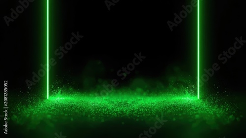 Bright green neon light vertical lines with glowing particles on dark floor
