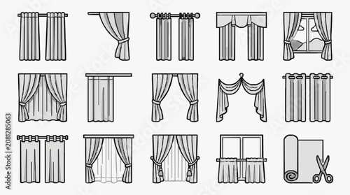 Dynamic Black and White Curtain Styles and Window Treatment Illustrations with Scissors for Customization