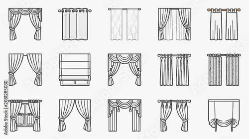 Clean Black and White Sketches of Various Window Curtain Styles and Roman Shade Designs for Home Decor Inspiration