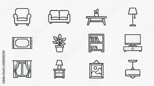 Clean Minimalist Black and White Line Drawing Icons Set of Living Room Furniture and Decor with high quality professional line art symbols for modern creative design and digital branding projects