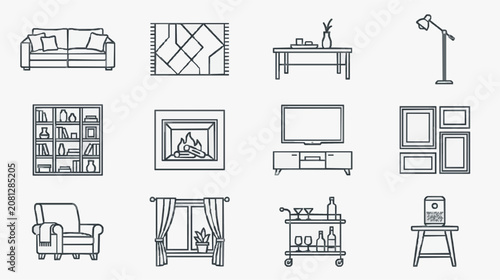 Professional Minimalist Black and White Line Drawing Set of Modern Living Room Furniture and Decor Icons