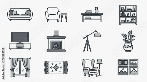 Clean Minimalist Black and White Line Drawing Icons of Modern Living Room Furniture and Decor with high quality professional line art symbols for modern creative design and digital branding projects