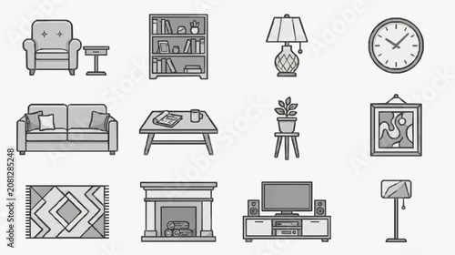 Corporate Minimalist Line Drawing Icons of Modern Living Room Essentials in Monochrome with high quality professional line art symbols for modern creative design and digital branding projects